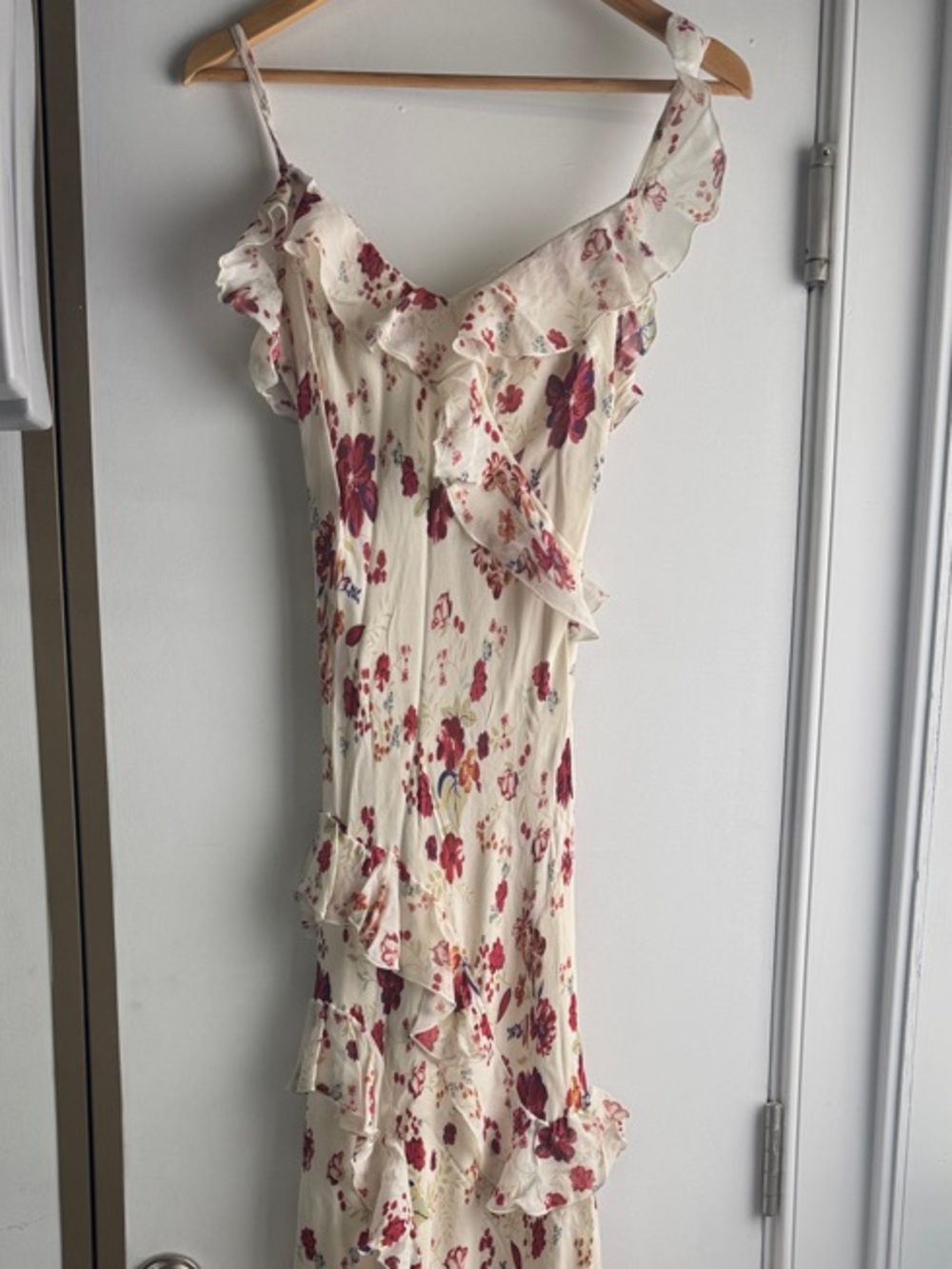 Anthropologie Cream Maxi Dress with Burgundy Floral Ruffle Detail